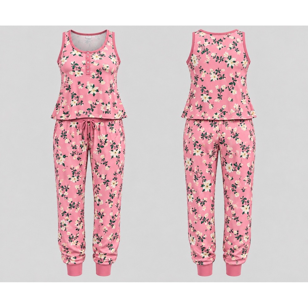 Draper James Pajama Set Womens L Pink Floral Henley Tank Jogger Loungewear